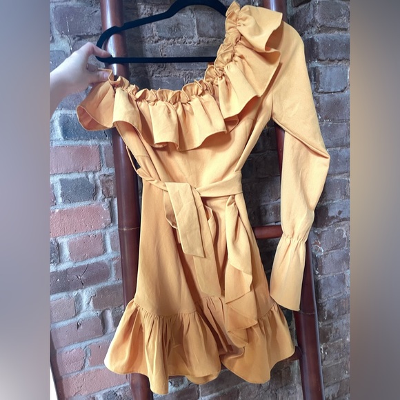 Yellow Ruffle One Shoulder Parisian style Mini Dress - White Fox Boutique - Picture 4 of 5